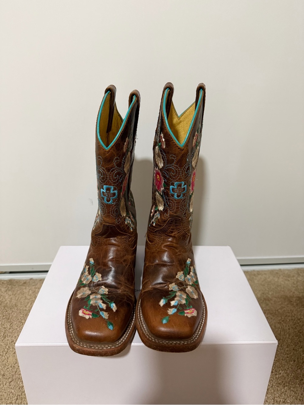 Macie Bean Brown Leather Floral Embroidered Boots with Teal Trim